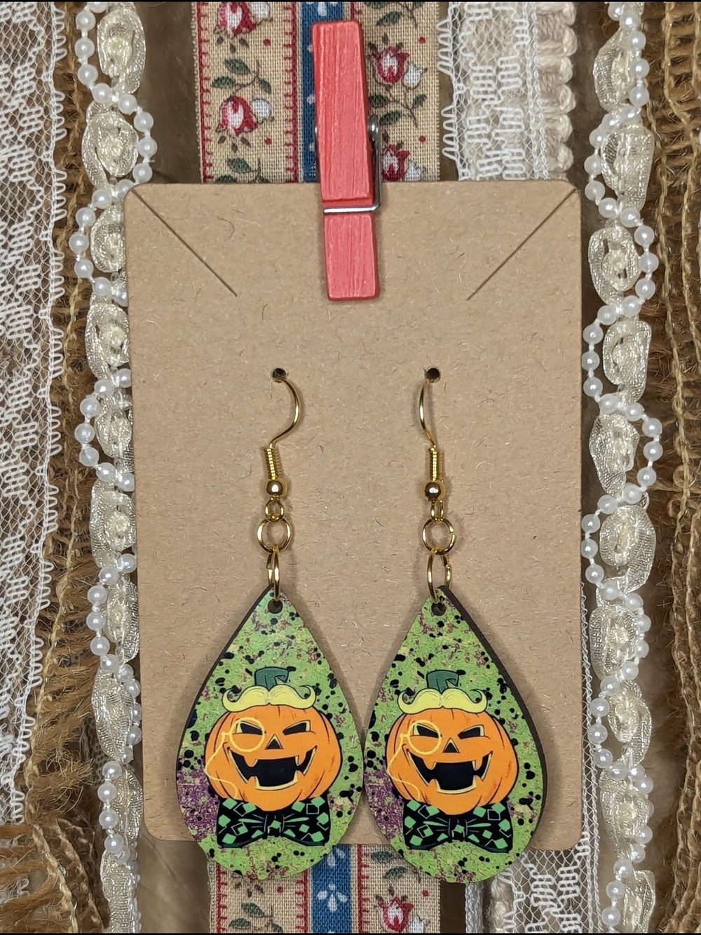 Pumpkin Jack-O'-Lantern Teardrop Earrings - Handmade